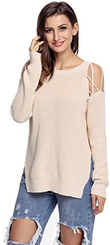 Women's Sexy Off Shoulder Lace Up Sweater Knit Top Casual Blouse Pullover Sweater (L (US 12-14), Apricot)