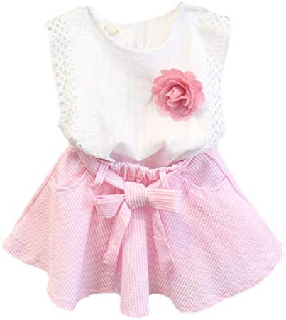 XYXY Girl's Cotton Floral Applique Top and Skirt Set Pink