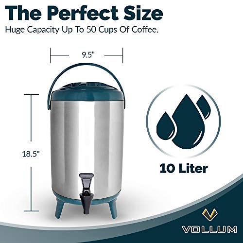 Vollum Stainles Steel Insulated Beverage Dispenser - Insulated Thermal Hot and Cold Beverage Dispenser - 12 Liter Drink Dispenser with Spigot for Hot Tea & Coffee, Cold Milk, Water, Juice & More TEAL - Thumbnail 3