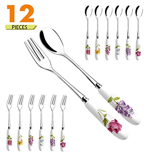 Dessert Flatware Set,Elegant Life 12-Piece Ceramic Handle Stainless Steel Dessert Fruit Cake Fork Spoon Set, 6Inches - Thumbnail 7