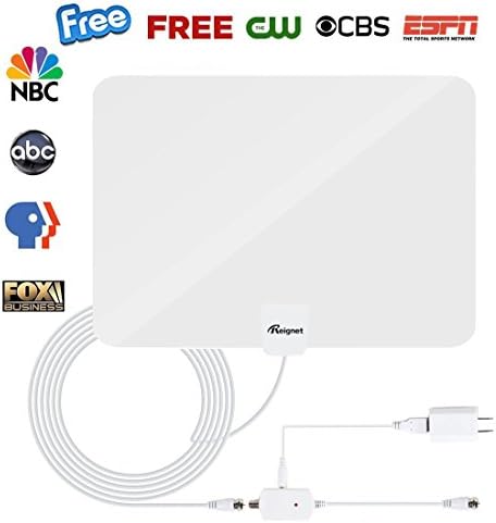 TV Antenna, Reignet 50 to 70 Mile Range Amplified Indoor HDTV Antenna with Detachable Amplifier Signal Booster and 16.5FT Coax Cable - Shiny White