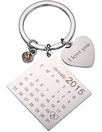 Personalised Custom Engraved Calendar Date Engraved Stainless Steel Keyring & Keychain Memorial Wedding Gift (Birthstone)