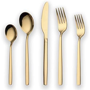 Berglander 20 Piece Titanium Gold Plated Stainless Steel Flatware Set, 20 Pieces Golden Silverware Set, Golden Cutlery Set, Service for 4 (shiny Gold)