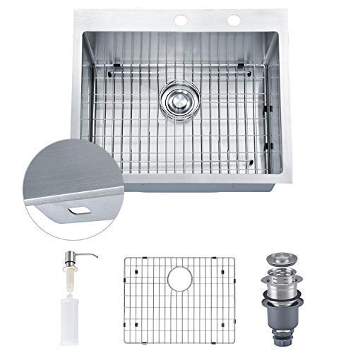 MOWA HTS2522 25" x 22" Topmount Laundry Utility Sink 16 Gauge Stainless Steel (9 Gauge Extra Thick Deck), Drop In Single Bowl Kitchen Sink w/Sink Grid, Basket Strainer and Bonus Soap Dispenser