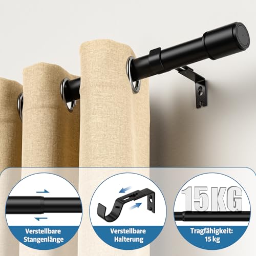 TRAROD Curtain Pole 79-253 cm, Curtain Rail Extendible 25 mm Diameter, Maximum Load 15 kg, Curtain Pole Black for Bedroom, Living Room, Kitchen