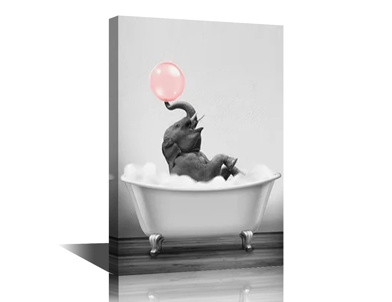 Bathroom Decor Funny Pink Bubble Elephant Bathroom Canvas Framed Little Elephant Poster Bathtub Decor Farm Farmhouse Home Wall Decoration Ready to Hang - 24" Wx16 H — image 1