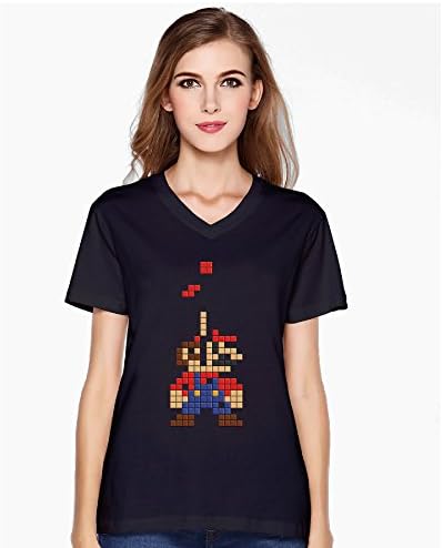 SPNOD Women's Mush Up Between Super Mario And Tetris V-Neck Tee Black