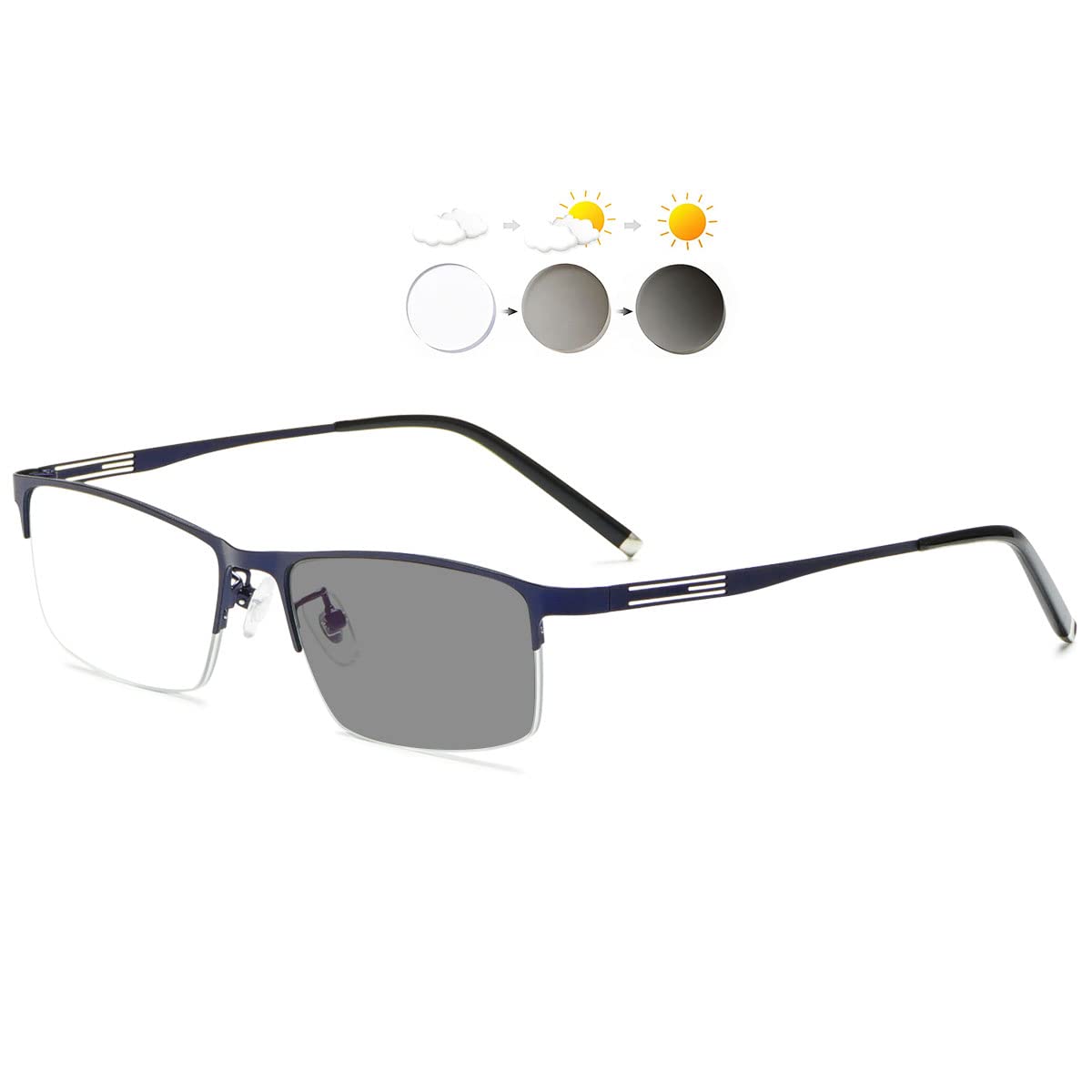 KOOSUFA Photochromic Reading Glasses Sun Readers Eyeglasses Semi Rimless Lightweight UV Protection Sunglasses Eyewear for Men Women 2 in 1 Lenses Darken In Sunlight Blue 2.0