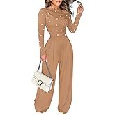 Ninimour Jumpsuits For Women Dressy Pearls Decor Long Sleeve One Piece Outfits For Women Casual Ruched Wide Leg Rompers