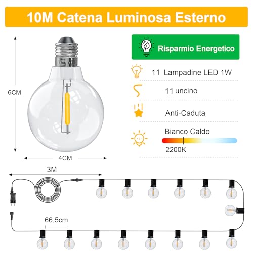 Outdoor Garden Lights, 10M/33FT G40 IP44 Waterproof Outdoor Light Chain, Adjustable Light 11 LED Outdoor Bulbs Warm Wire, Outdoor Garden Lamps for Terrace, Gazebo