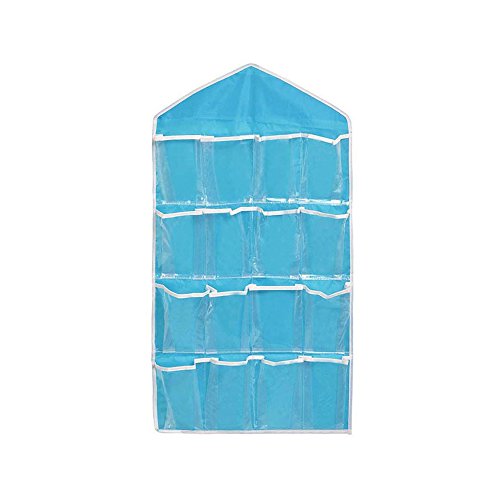 Closet Oranizer, [Blue] 16 Clear Pockets Over the Door Storage Closet Hanging Bag - Perfect for Shoes, Underwear, Socks, Bras and More!