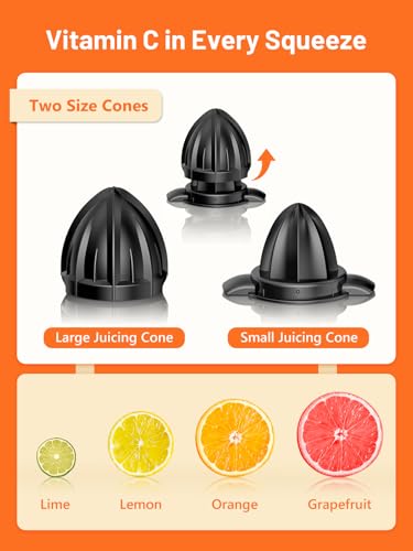 VINATO Electric Orange Squeezer with 2 Cones, Juice Extractor, Low Speed Juice Machine, Anti-Drip System and Easy Cleaning