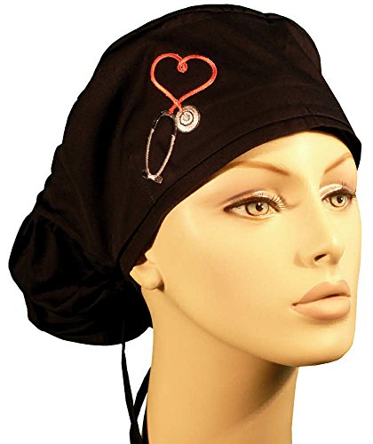 Sparkling Earth Big Hair Women's Medical Scrub Cap - Heart Stethoscope Patch On Black