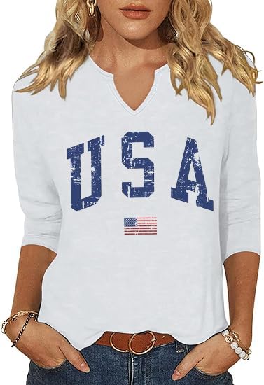 Photo 1 of (2XL) 3/4 Sleeve V Neck USA Patriotic Shirts for Women 4th of July America Stars Stripes Flag Graphic Tops Cute Tee(DLR43WE01,XX-Large)