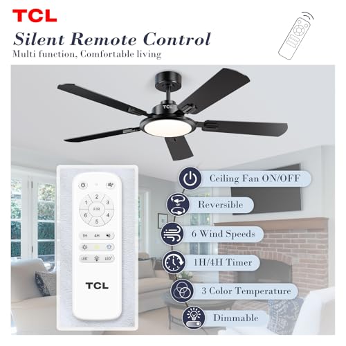 TCL Ceiling Fans with Lights, 52 Inch Ceiling Fan with Light and Remote Control, Reversible DC Motor, Noiseless, Dimmable 36W LED, Modern Ceiling Fan for Bedroom Living Room (Black)