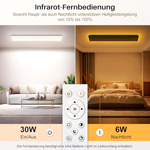 LED Ceiling Light Dimmable - LED Panel 100 x 25 cm, 36 W 3600 LM Ceiling Light with Remote Control 3000 K - 6500 K - Night Light Warm - Ceiling Light Flat for Bedroom Children's Room Living Room Kitchen Lamp