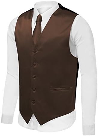 Azzurro Men's Dress Vest Set Neck Tie, Hanky for Suit or Tuxedo Brown 3XL