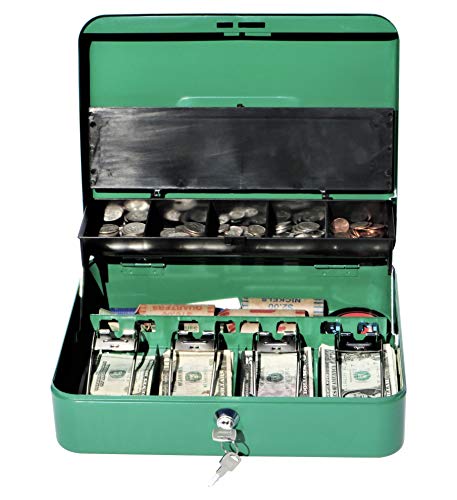 Cash Box with Money Tray | Petty Cash Lock Box | Tiered Design with Cash Tray for Bills and Coins | Portable Money Box | Ideal for Cash Registers and Petty Cash | Secure Lock with 2 Keys | Scout Green - Thumbnail 2