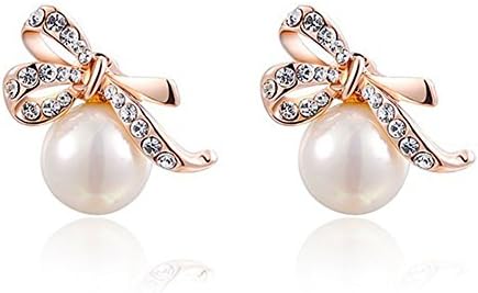 Hers Earrings Studs Rose Gold Bow Pendant Freshwater Cultured Shell Pearl Earring White