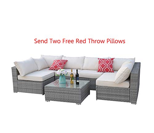Do4U Patio Sofa 7-Piece Set Outdoor Furniture Sectional All-Weather Wicker Rattan Sofa Beige Seat & Back Cushions, Garden Lawn Pool Backyard Outdoor Sofa Wicker Conversation Set (3015-GRY-BEG)