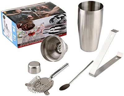 5 Piece Stainless Steel Bar Set Cocktail Shaker Set, 22 Oz Drink Martini Shaker / Double Jigger / Stirrer / Strainer / Ice Tongs