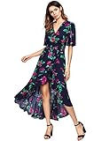 MAKEMECHIC Women's Short Sleeve Floral High Low V-Neck Long Maxi Dress Blue L