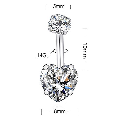 14G Surgical Steel Belly Button Rings Heart Cubic Zirconia Navel Barbell Stud Body Piercing for Women Girls â€¦ (3 Pcs(Clear+AB Colour+Pink))