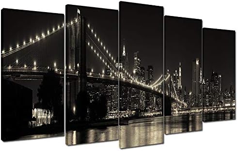 Wallfeeling Arts Bridge Night View Canvas Print Picture for Living Room Decoration Stretched XLarge 5 Panels Painting Wall Art Print on Black Canvas- High Definition Modern Home Decor