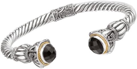 925 Silver &amp; Onyx Twisted Hinged Cuff Bracelet with 18k Gold Accents