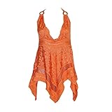 Mogul Mogul Womens Orange Strap Top Gypsy Hippie Embroidered Crochet Laces Blouse M