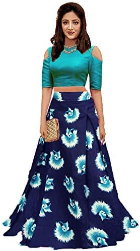MA KHODAL FASHION Women's Semi-Stitched Banglori Satin Lehenga Choli (blue gulabo1, Turquoise, Free Size)