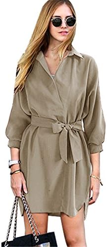 Olive Tayl new women's leisure pure color long sleeve waist lapel shirt dress with belt khaki M