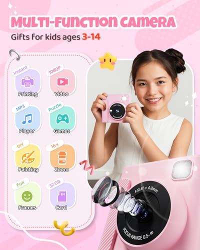 TIATUA Camara Fotos Infantil Instantanea, 2,4 Pulgada 1080P Cámara de Fotos Instantánea con Tarjeta de 32 GB y Papel Fotográfico, Regalo para Niños de 3 a 12 Años