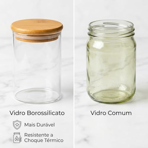 Kit 10 Potes Herméticos 250ml de Vidro com Tampa de Bambu Natural – Redondos com Vedação de Silicone, Organizadores para Cozinha, Armazenar Temperos, Grãos, Café, Chá, Açúcar, Doces e Mantimentos