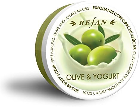 Refan OLIVE & YOGURT Sugar Body Scrub with ALMOND and SOYABEAN OILS, Paraben Free 8.47 OZ / 240g