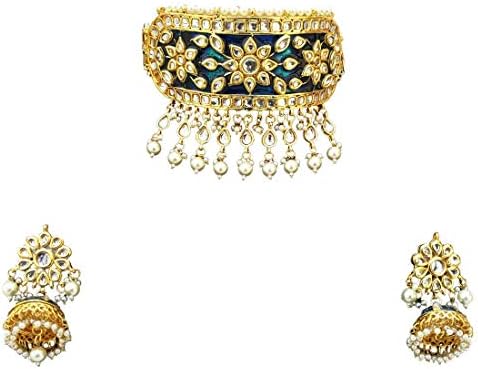 Finekraft Meena Kundan Bridal Wedding Designer Gold Plated Blue Color Necklace Jewelry Set