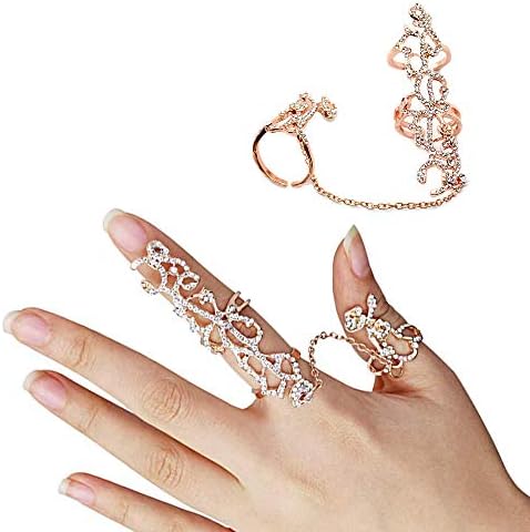 Happy Hours Knuckle Rings Set, Multiple Finger Stack Rings Adjustable Knuckle Chain Link Ring Bling Fashion Jewelry Set for Women and Girls