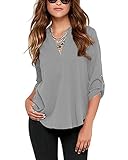 Face N Face Women's Summer V Neck Solid Loose Casual Cuffed Long Sleeve Blouses