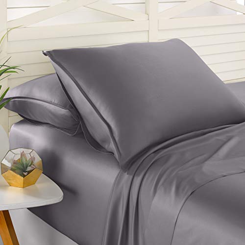 Pure Bamboo Sheets - Queen Size Bed Sheets 4pc Set - 100% Organic Bamboo - Incredibly Soft - Fits Up to 16" Mattress - 1 Fitted Sheet, 1 Flat Sheet, 2 Pillowcases (Queen, Stone Grey)