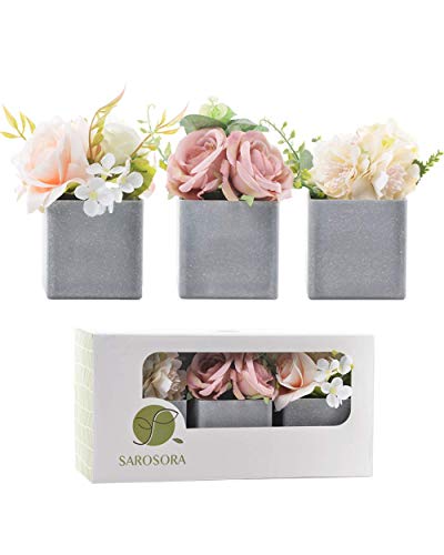 SAROSORA Artificial Potted Flower Plants with Plastic Vase Planter for Home Decor Wedding Decor Rose & Peony Arrangement Lovely Gift - 6 Inch Set of 3 (Square Vase)