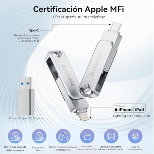 LESOGE USB Flash Drive 128GB MFi Certified for iPhone, External Memory for Phone, 3 in 1 USB Flash Drive, USB 3.0 Pen Drive for Android and PC, External Memory for Downloading Photos and Videos