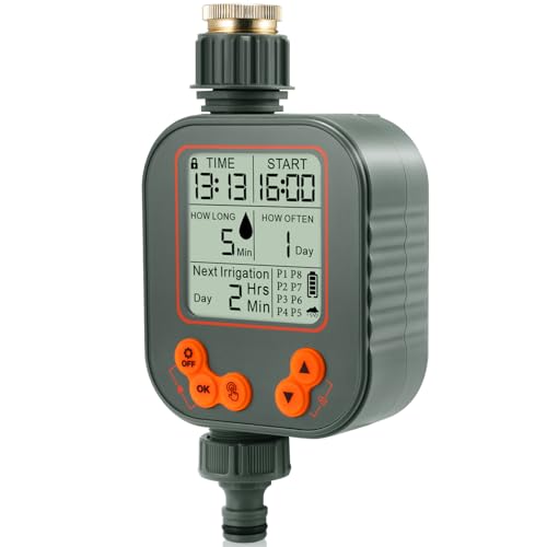 Battery Powered Irrigation Programmer, Irrigation Timer with Rain Sensor and 8 Separate Watering Modes Automatic/Manual Computer Irrigation for Garden, Lawn, Patio, Farm