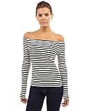 PattyBoutik Women's Off Shoulder Long Sleeve Top (Black and White XS)