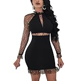 Dreamparis Women's Sexy Mesh Patchwork Bodycon Dress Pearl Beaded Long Sleeve Stand Collar Bandage Mini Dress