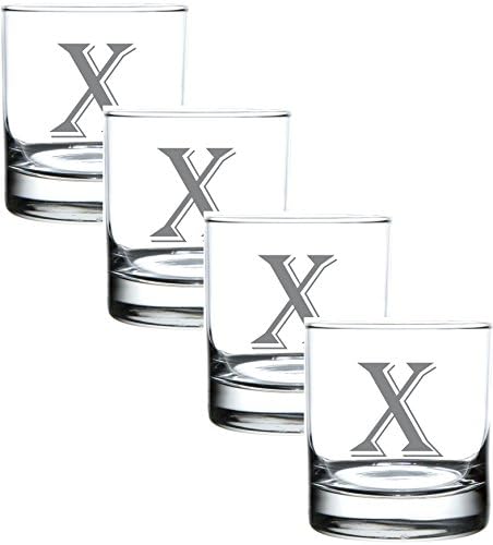 (X-Monogram)- 4 Piece Set of 11 Ounce Engraved Heavy Base Rocks Glasses- Quality Elegant Glass-Multi-Purpose Beverage-Rocks Glass- For any Occasion- By: On The Rox