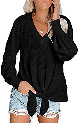 iLOOSKR Autumn Womens Solid Tie Knot Front Tops V Neck Long Sleeve Shirts Pullover Cute Shirts Tops