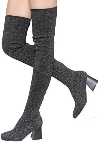 Women's Thigh High Boots Stretchy Snug Fit Sock Knitting Pull On Ladies Shoes, Color Black, Size:8