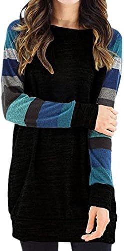 Hellana Women's Casual Cotton Knitted Lightweight Color Block Long Sleeve Sweatshirt Tops Tunic Black Blue XL