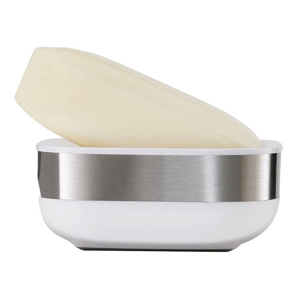 Joseph Joseph Bathroom Slim, Compact, Soap Dish Holder with non-slip base - White/Steel, 12