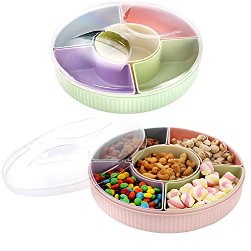 SOUJOY 2 Pack Divided Serving Tray with Lid, 11'' Plastic Round Veggie